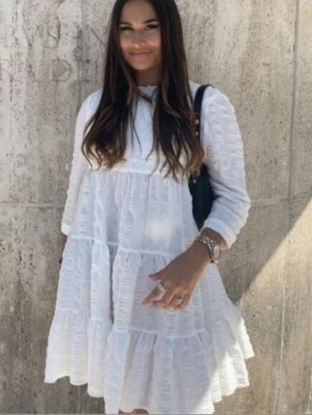 Zara Sharon Viral Shift Dress Womens SzL White Textured Tiered 3/4 Sleeve Mini